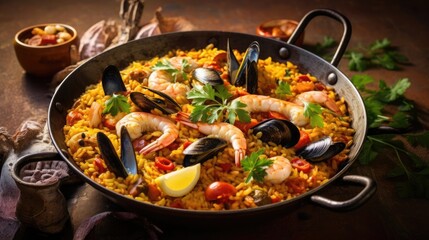 Savory seafood paella garnished with lemon and parsley, served in a rustic pan, perfect for a hearty meal