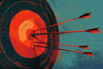 Arrows Striking Target in Dynamic Artwork Graphic illustration of arrows hitting a bullseye in a vibrant composition