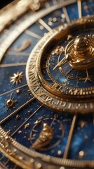 Fototapeta na wymiar Detailed view of a elegant gold and blue astrology clock, showcasing intricate design and Roman numerals