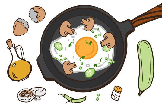 fried egg recipe with frying pan, mushrooms, zukkini, oil, salt. breakfast doodle cartoon style for greeting card, poster, sticker, t-shirt print, menu, cookbook design