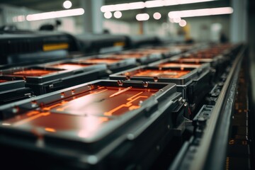 Array of Precision-Made Industrial Batteries on a Manufacturing Line