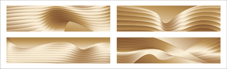 Wavy golden parallel gradient lines, ribbons, silk. Golden with shades of yellow background, banner, poster. Set of 4 backgrounds. Eps vector