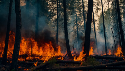 forest fire, trees in smoke, flame fear