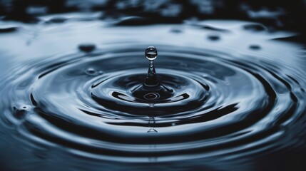 A single drop of water falling into a body of water, creating ripples and submerging into the liquid