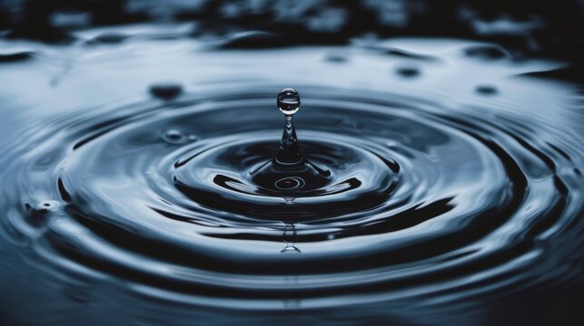 A single drop of water falling into a body of water, creating ripples and submerging into the liquid