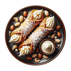 Tasty cannoli plate, top view isolated background