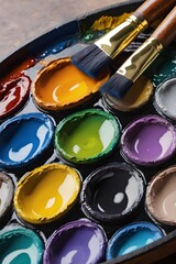 Palette mit farben und Pinsel in Nahaufnahme - kreativität