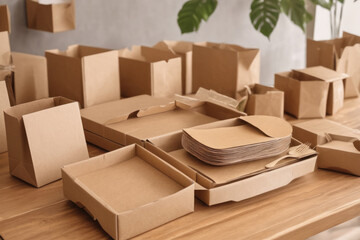 Set of cardboard boxes and packages on wooden table at fast food restaurant, preparing packages for delivery, eco friendly packages, recycling and sustainability