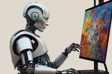A robot with artificial intelligence creates an abstraction on a graphics tablet. Concept of creation by artificial intelligence.