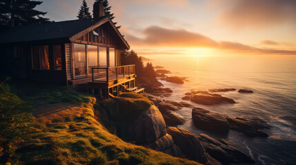 remote ocean view rental home in the nature of the cliff over the water sunset background