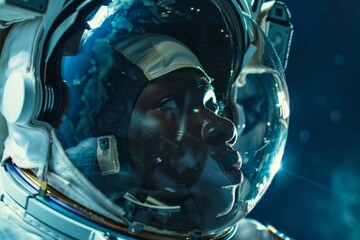 portrait of a young Black male astronaut during a spacewalk, the Earth's curvature visible in his visor's reflection