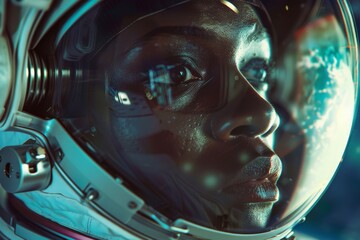 portrait of a young Black male astronaut during a spacewalk, the Earth's curvature visible in his visor's reflection