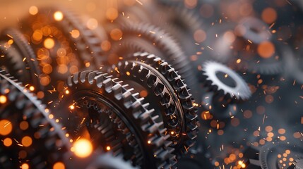 Close up synchronizing gears in motion with fiery sparks 3d render background - obrazy, fototapety, plakaty