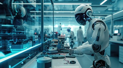 A high-tech robotics lab, engineers working on advanced AI machines, showcasing innovation and futuristic technology. Resplendent.