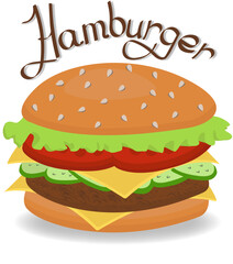 An illustration of a stylized hamburger with an inscription. It says hamburger. Fast food. It is used in design, advertising, and menus. Highlighted on a white background.