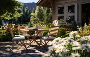 beautiful backyard background with table and chairs