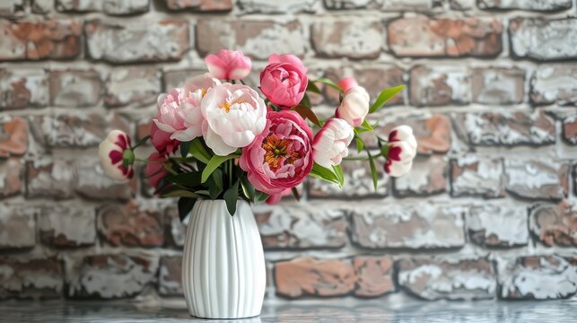 Artificial Peonies in White Ceramic Vase, Table Decoration Inside Kitchen. Brick Wall Background for Elegant Home Decor