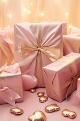 pink wrapping gifts, hearts and gold ribbons on pink background