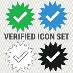 Set of social media verified icons. Tick in circle with zigzag. Instagram check in star. You tube approval sign. Internet top rank stamp. Mark of most popular profile in web. Vector illustration. 19 - obrazy, fototapety, plakaty