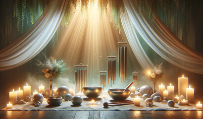 Serene and healing atmosphere with singing bowls, golden bells and candles. Concept of Relax sound therapy and spiritual healing. - obrazy, fototapety, plakaty