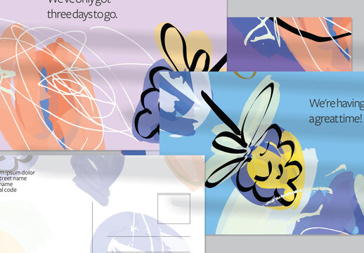 Postcard Layout with Hand Drawn Abstract Brush Strokes and Floral Elements