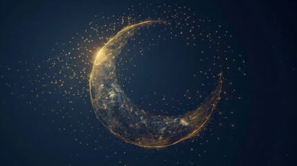 Ramadan kareem concept: abstract polygonal light image of arabic moon with wireframe mesh spheres and flying debris - islamic ramadan background