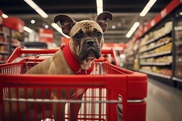 a dog is in a shopping cart while shopping in a grocery store - obrazy, fototapety, plakaty