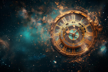 Gigantic Galactic Magical Clock on Abstract Black Background