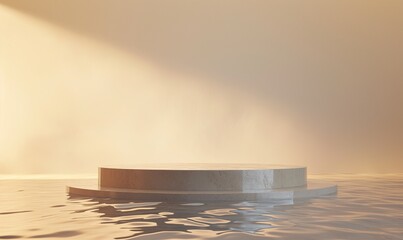 A realistic abstract 3D podium with a stone or gypsum texture for the presentation of a product with water. An empty showcase is a pedestal for demonstrating a product with rays of light.