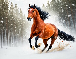 A beautiful fiery horse with a fluttering grimace gallops through the winter forest. the symbol of the year 2026 according to the Chinese Oriental calendar