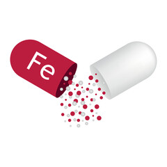 Fe mineral for medical design. Mineral red pill icon. Vector stock illustration
