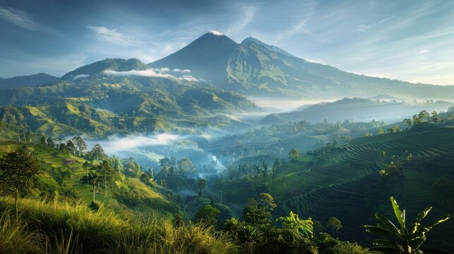 Mountain views with green nature in Indonesia, Indonesian nature wallpaper AI generated image