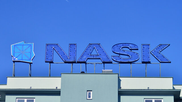 Warsaw, Poland. 16 February 2024. Sign Nask. Company signboard Nask. 