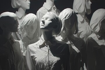 3D Renderinng of a group of mannequins in the darkness. AI Generative surrealist ceramics. - obrazy, fototapety, plakaty