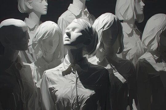 3D Renderinng of a group of mannequins in the darkness. AI Generative surrealist ceramics.