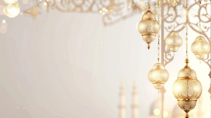Elegant golden lantern arabic white gold islamic design background: ramadan kareem banner with moon, mosque, and luxury islamic elements 