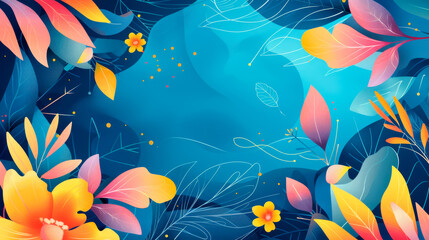 Fototapeta na wymiar Abstract floral background with yellow flowers and vibrant leaves on blue background. Concept of modern digital art. Flat lay, copy space