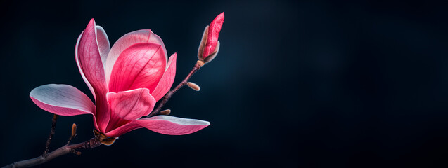 Pink magnolia in bloom on dark background. Banner with copy space. Concept of peace, nature's...