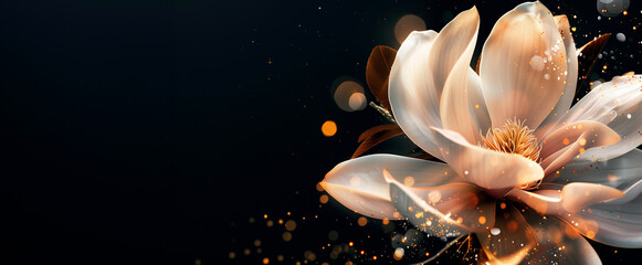 White magnolia with golden splashes and bokeh lights against dark background. Banner with copy space. Concept of peace, beauty, elegant simplicity, wellness, beauty products, perfumes, luxury brands