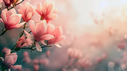 Gordijnen Blushing pink magnolia blooms on radiant backdrop. Concept of spring beauty, awakening, floral themes, health. Spring and summer background with copy space © ARIA