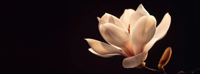 White magnolia bloom against a dark background. Banner with copyspace. Concept of peace, nature's...