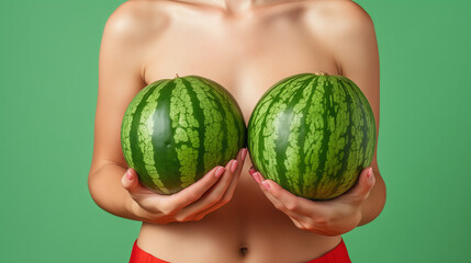 woman with watermelons - obrazy, fototapety, plakaty
