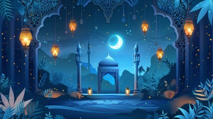 Captivating flat arabic blue islamic design background: ramadan kareem banner with lantern, moon, mosque, and luxury islamic elements - perfect for your creative projects