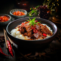 Spicy Mao pork stewed in rice wine and rice sauce with ginger, chili, star anise