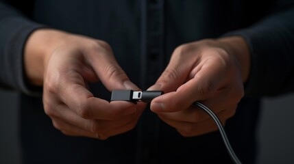 Close-up of a hands holding a USB cable. Instructional photograph demonstrating the process of connecting an adapter to an opening.  - obrazy, fototapety, plakaty