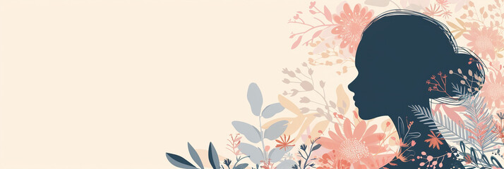 The elegant profile of a female silhouette adorned with floral elements in varying shades of light colors, serenity, and a connection with nature. Concept of International Women's Day. Banner