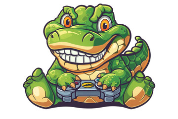 Obraz premium A crocodile or dinosaur lizard gamer sports video game gaming mascot holding a games controller, illustration