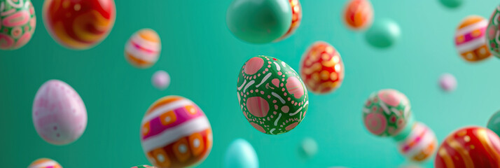 Fototapeta na wymiar Colorful, patterned eggs float against a green backdrop, symbolizing the Easter celebration with art and tradition. Vibrant, festive, and perfect for the spring season. Easter concept. Banner