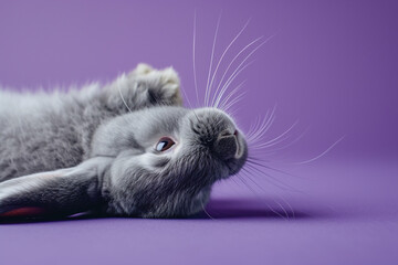 Cute grey rabbit lying on back on purple background, fluffy ears, playful posture, animal antics,...