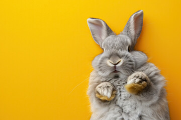 Cute grey rabbit lying on back on yellow background, fluffy ears, playful posture, animal antics,...
